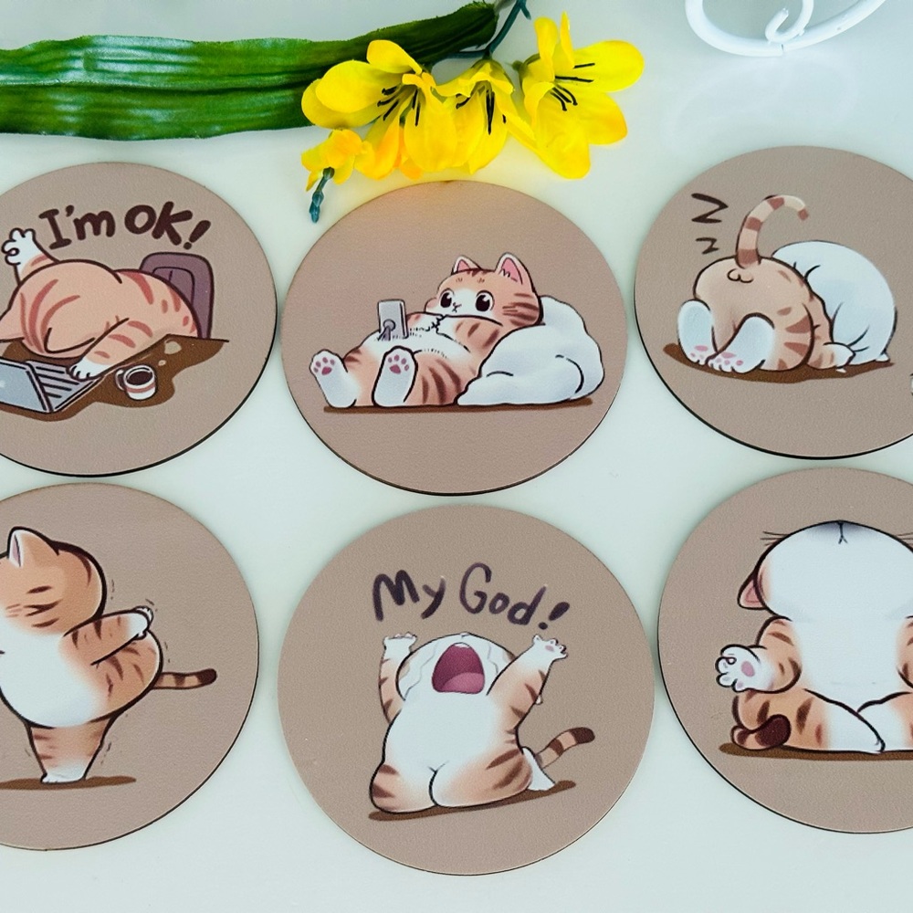 Cute Kitty Cat Cartoon Round Coasters - Beige Set of 6